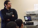 Project YANO volunteer Rodrigo de la Rosa (left photo) gives workshops at high school conferences organized by the Chicano student organization M.E.Ch.A.